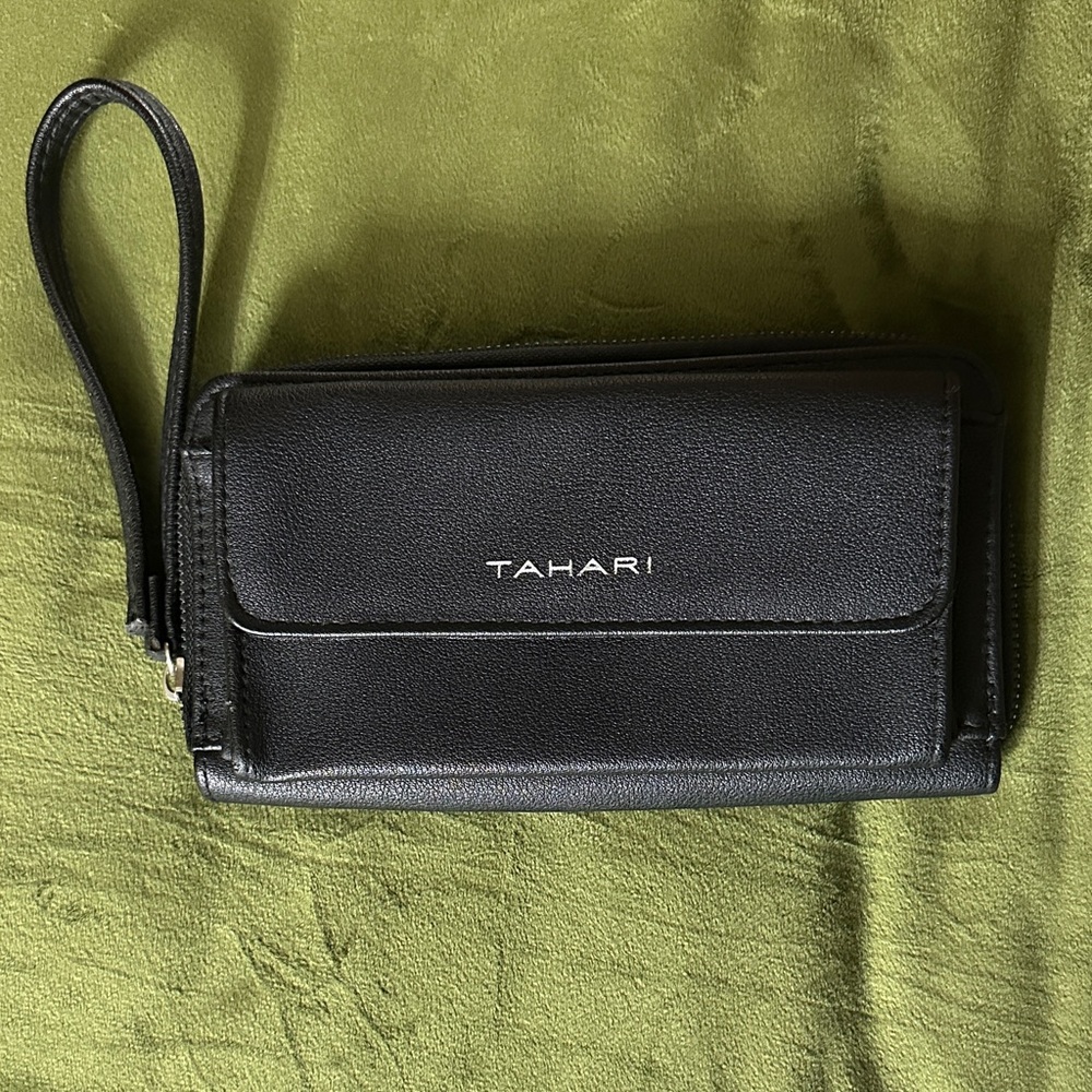 Tahari Black faux Leather Wristlet Clutch with Strap